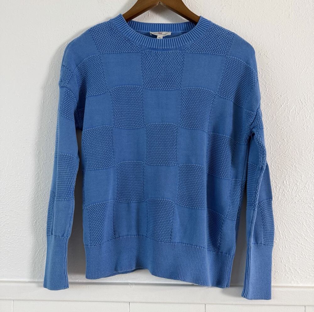 Vineyard Vines Women’s XXS Blue Checkerboard Textured Cotton Crewneck Sweater